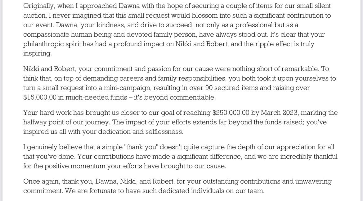 Creating Alternatives heartfelt acknowledgment of our contributions to the fundraiser.