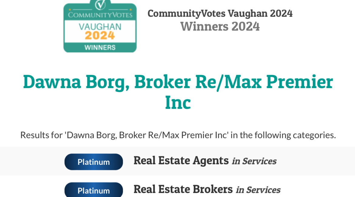 CommunityVotes Vaughan Awards Dawna Borg, Broker at RE/MAX Premier Inc., Platinum Winner for Real Estate Agents and Real Estate Brokers of 2024