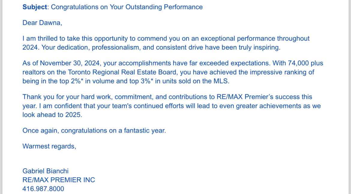 Dawna Borg, Broker at RE/MAX Premier Inc in Vaughan in top 2% for volume and top 3% for units sold among 74,000 MLS agents in 2024